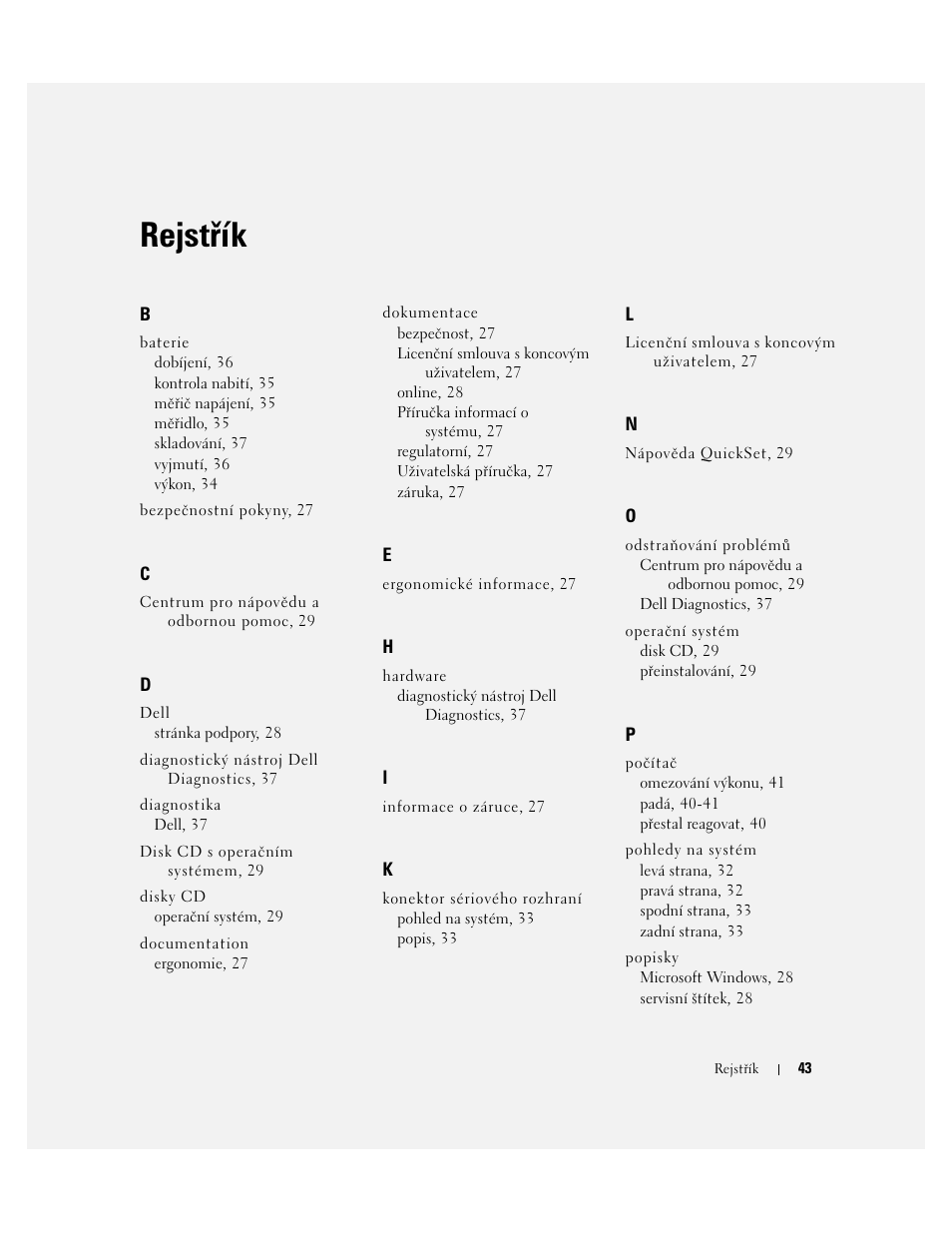 Rejstřík, Rejstøík | Dell Latitude D820 User Manual | Page 43 / 110