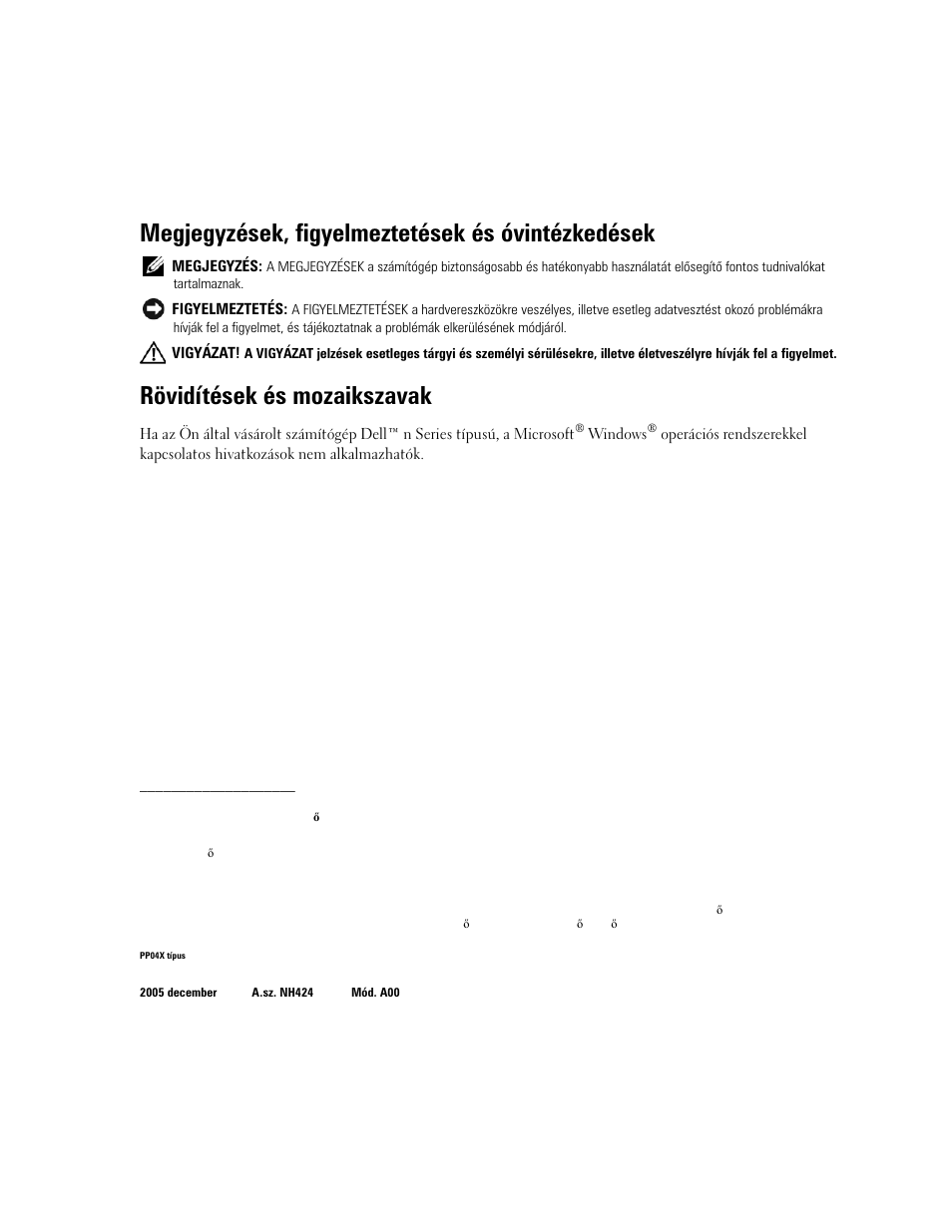 Megjegyzések, figyelmeztetések és óvintézkedések, Rövidítések és mozaikszavak | Dell Latitude D820 User Manual | Page 46 / 110