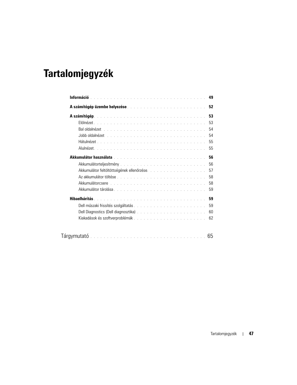 Tartalomjegyzék, Tárgymutató | Dell Latitude D820 User Manual | Page 47 / 110