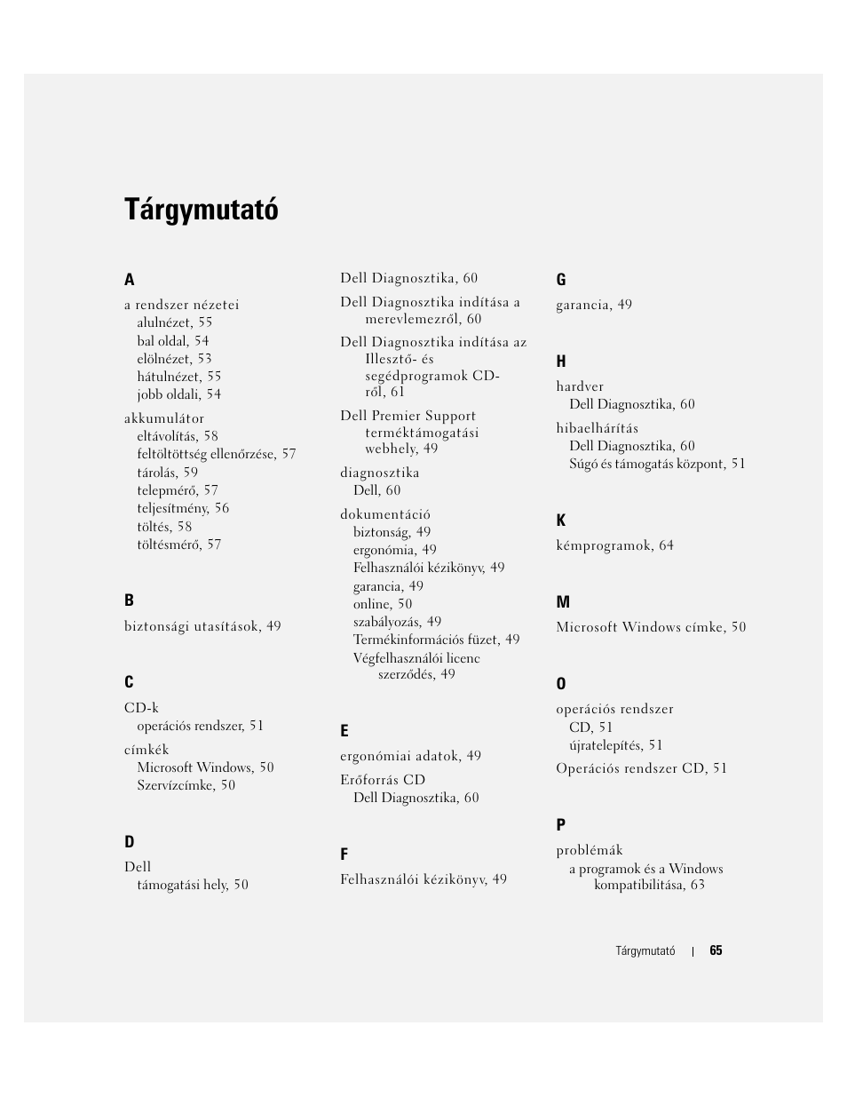 Tárgymutató | Dell Latitude D820 User Manual | Page 65 / 110