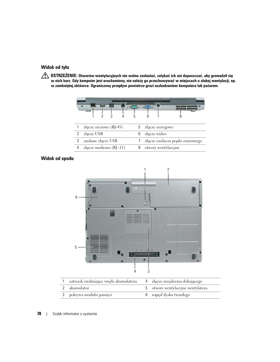 Widok od tyłu, Widok od spodu | Dell Latitude D820 User Manual | Page 78 / 110