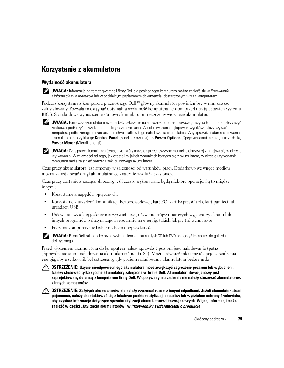 Wydajność akumulatora, Korzystanie z akumulatora | Dell Latitude D820 User Manual | Page 79 / 110