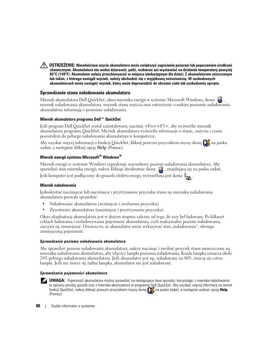Sprawdzanie stanu naładowania akumulatora | Dell Latitude D820 User Manual | Page 80 / 110
