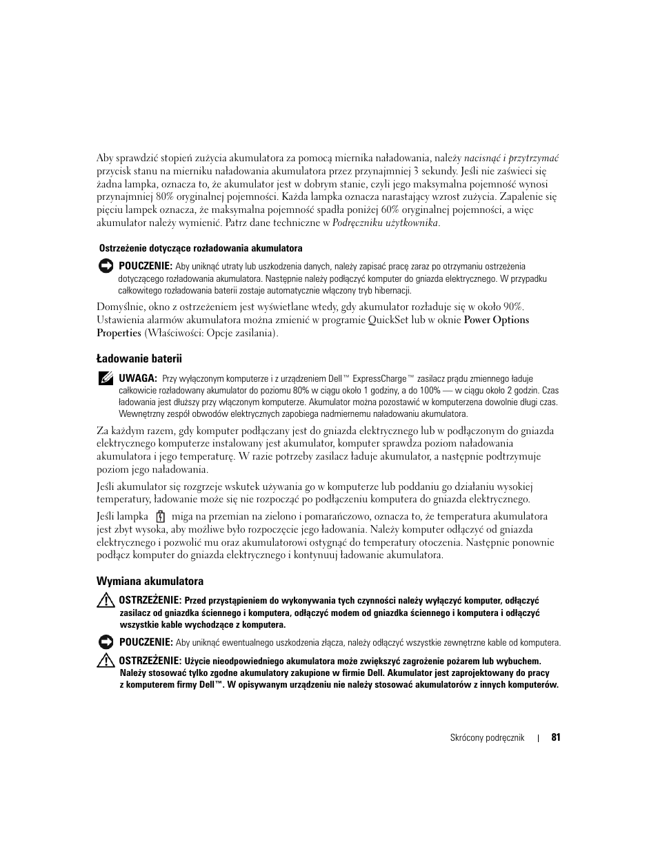 Ładowanie baterii, Wymiana akumulatora | Dell Latitude D820 User Manual | Page 81 / 110