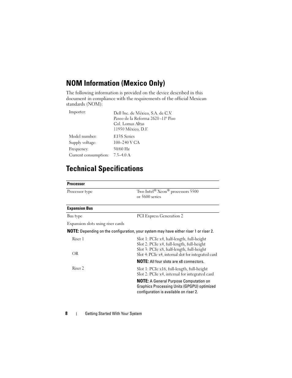 Nom information (mexico only), Technical specifications | Dell PowerVault NX3100 User Manual | Page 10 / 124