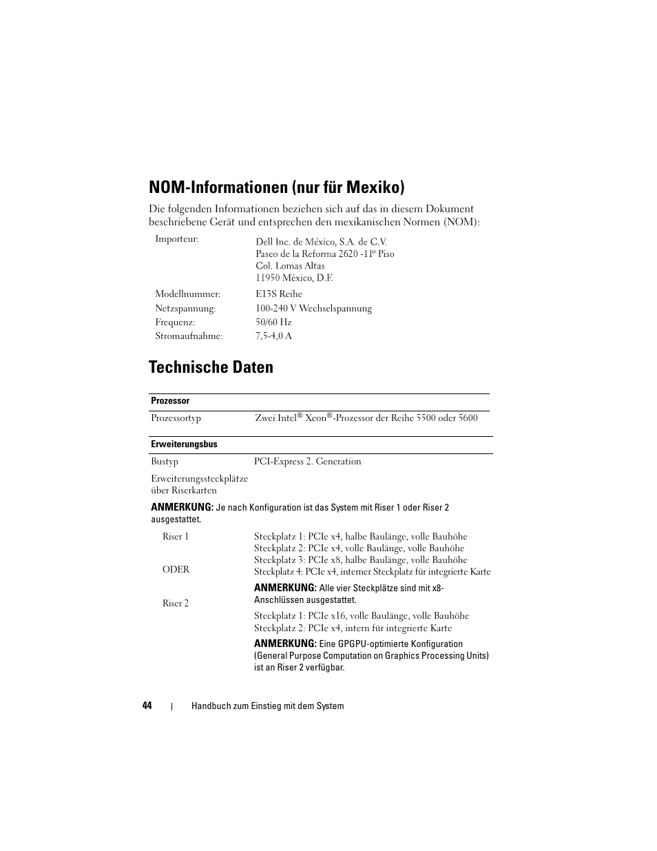 Nom-informationen (nur für mexiko), Technische daten | Dell PowerVault NX3100 User Manual | Page 46 / 124