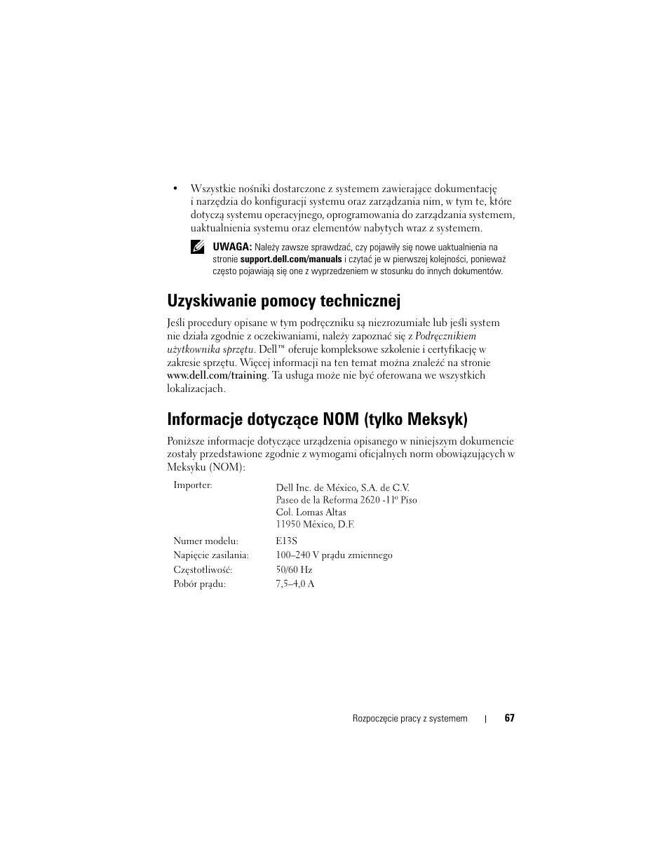 Uzyskiwanie pomocy technicznej, Informacje dotyczące nom (tylko meksyk) | Dell PowerVault NX3100 User Manual | Page 69 / 124