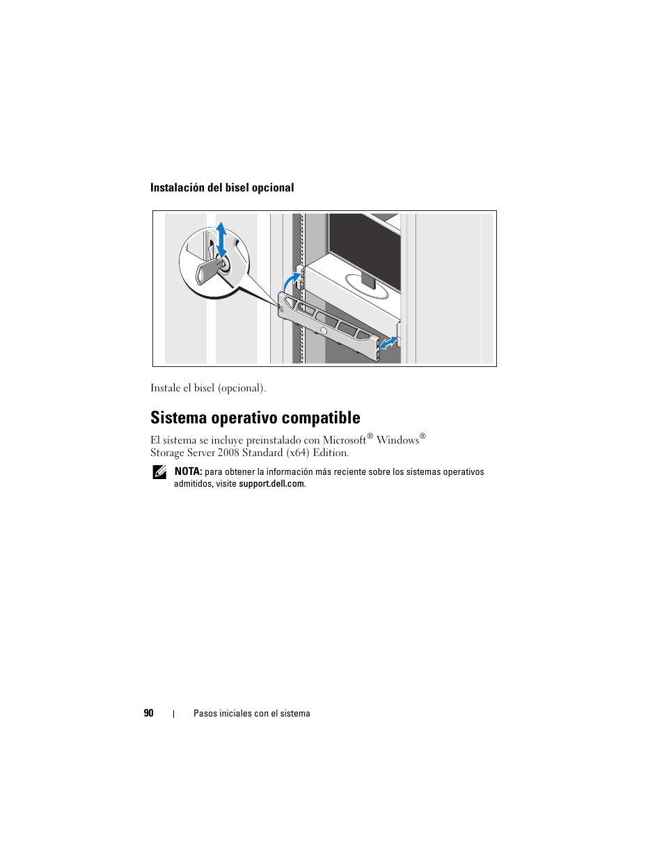 Instalación del bisel opcional, Sistema operativo compatible | Dell PowerVault NX3100 User Manual | Page 92 / 124