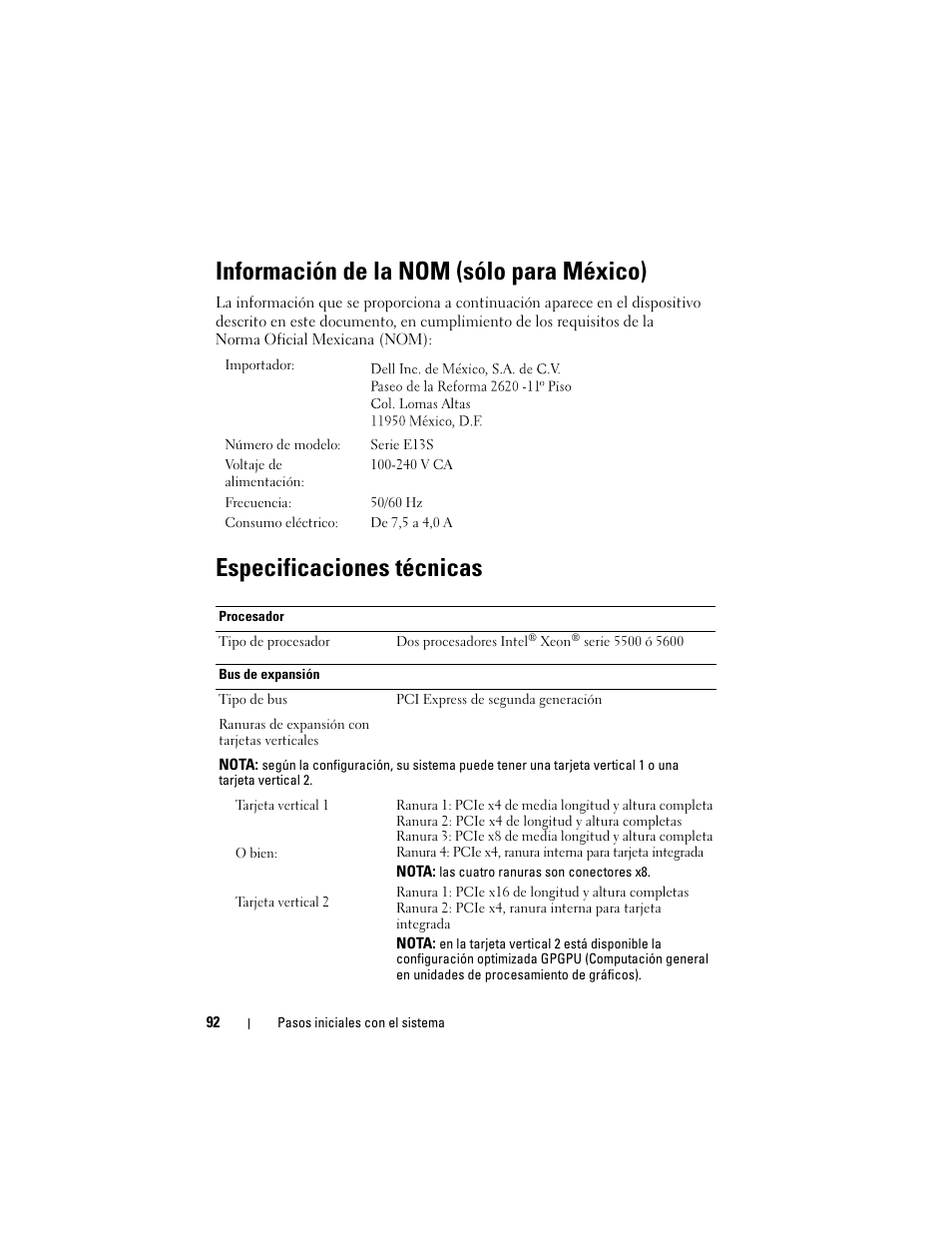 Información de la nom (sólo para méxico), Especificaciones técnicas | Dell PowerVault NX3100 User Manual | Page 94 / 124