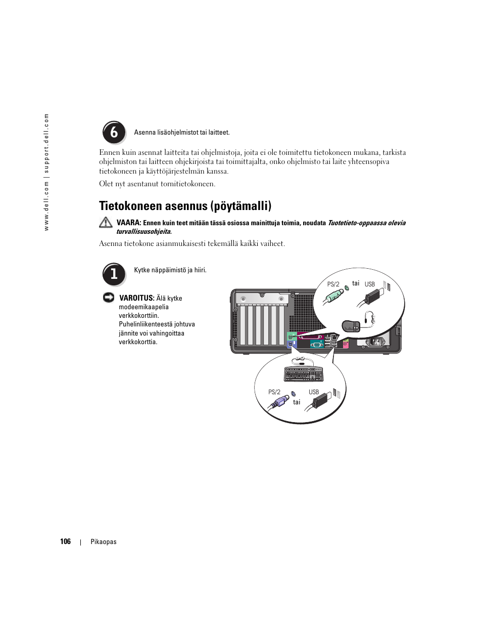 Tietokoneen asennus (pöytämalli) | Dell Precision 380 User Manual | Page 106 / 372