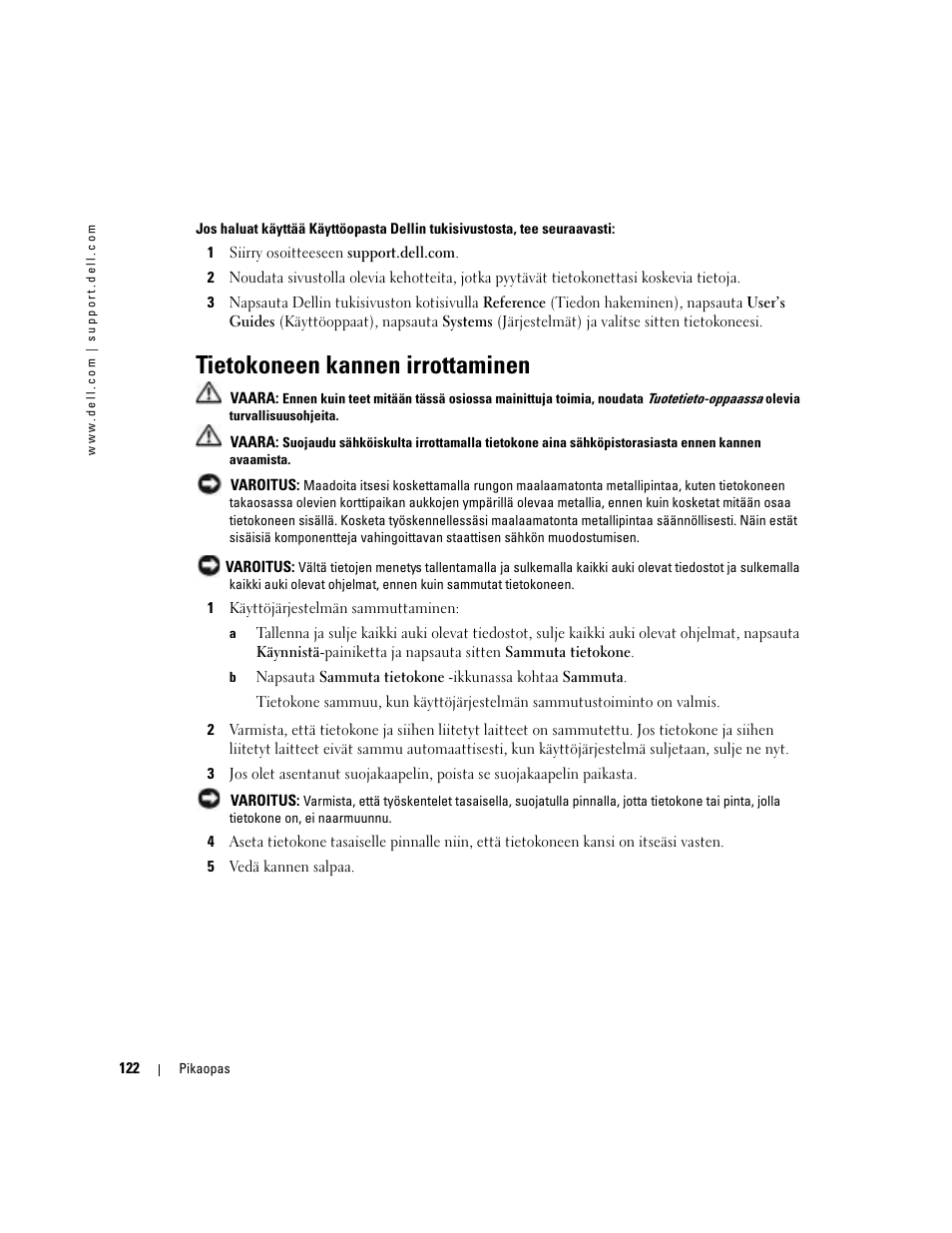 Tietokoneen kannen irrottaminen | Dell Precision 380 User Manual | Page 122 / 372