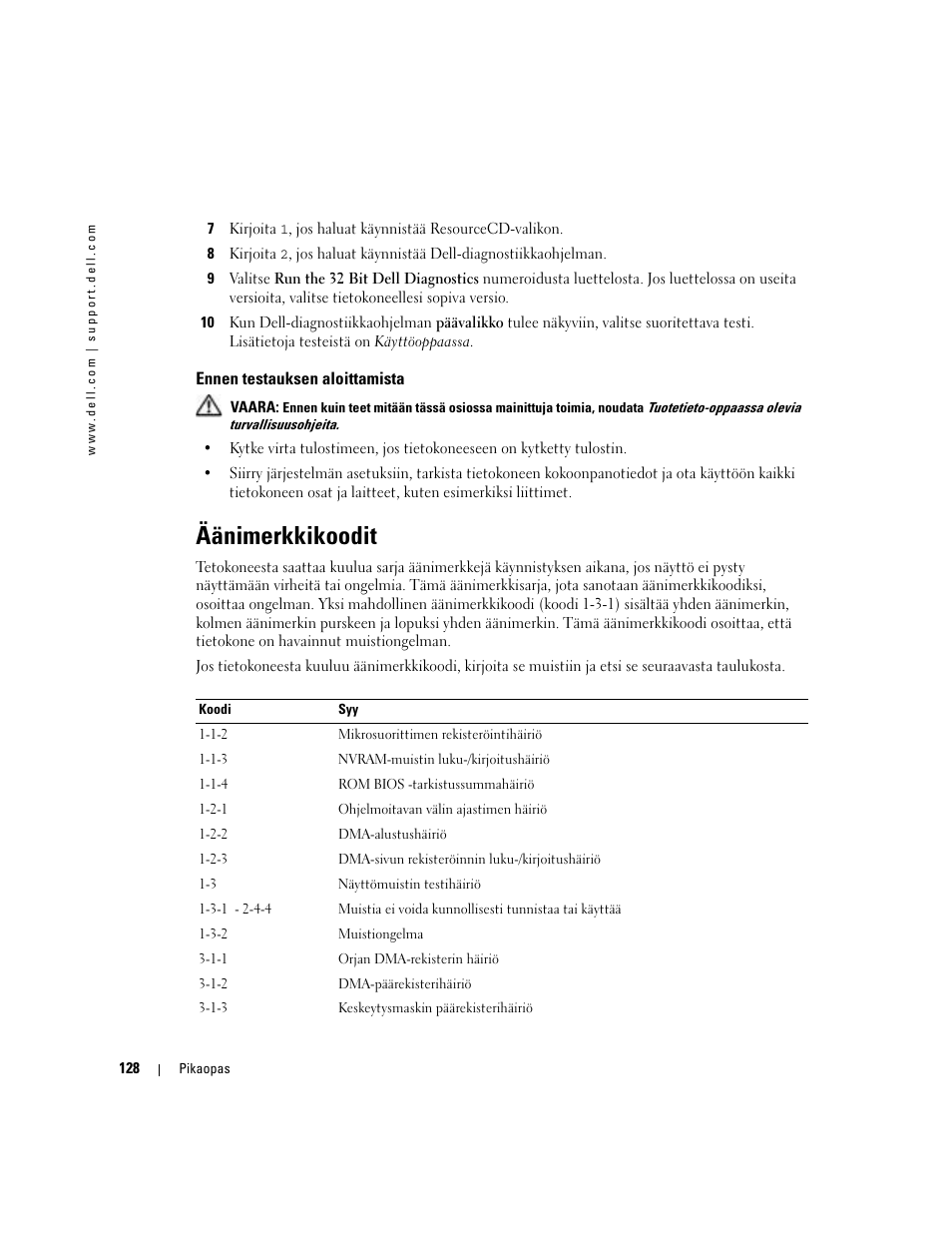 Ennen testauksen aloittamista, Äänimerkkikoodit | Dell Precision 380 User Manual | Page 128 / 372