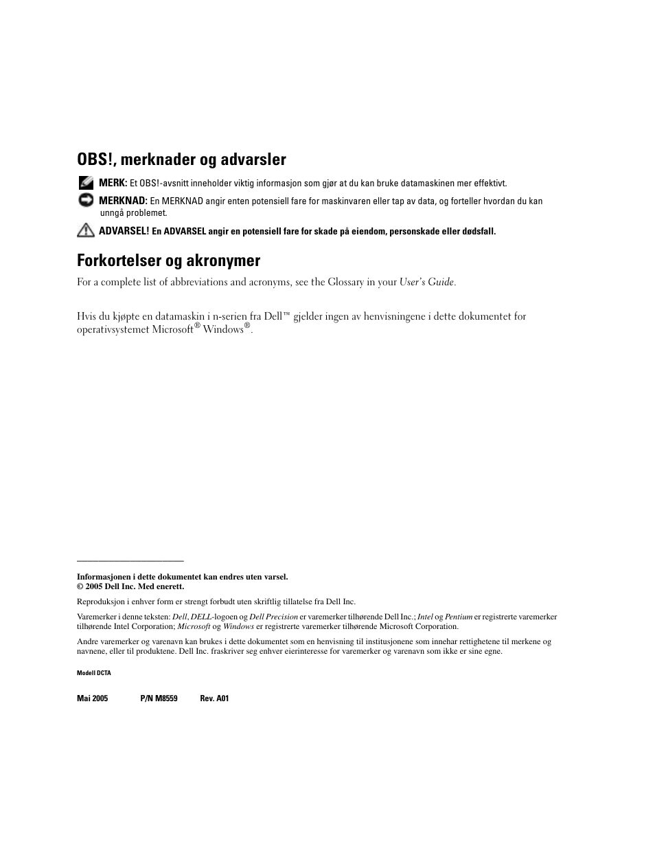 Obs!, merknader og advarsler, Forkortelser og akronymer | Dell Precision 380 User Manual | Page 140 / 372