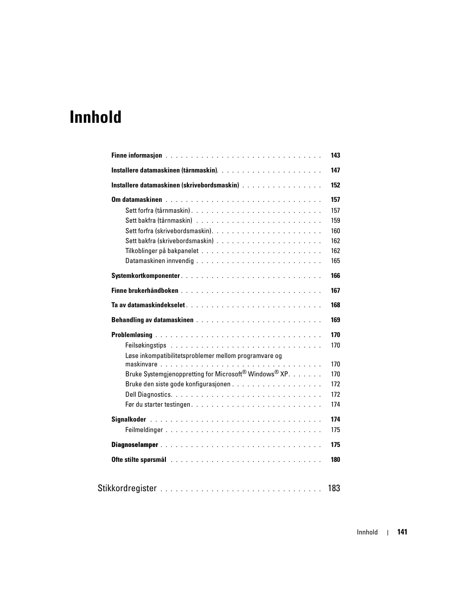Innhold, Stikkordregister | Dell Precision 380 User Manual | Page 141 / 372