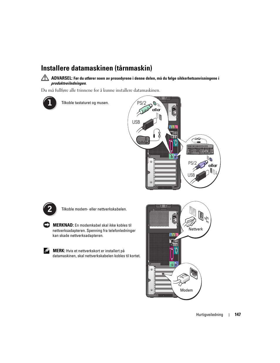 Installere datamaskinen (tårnmaskin) | Dell Precision 380 User Manual | Page 147 / 372