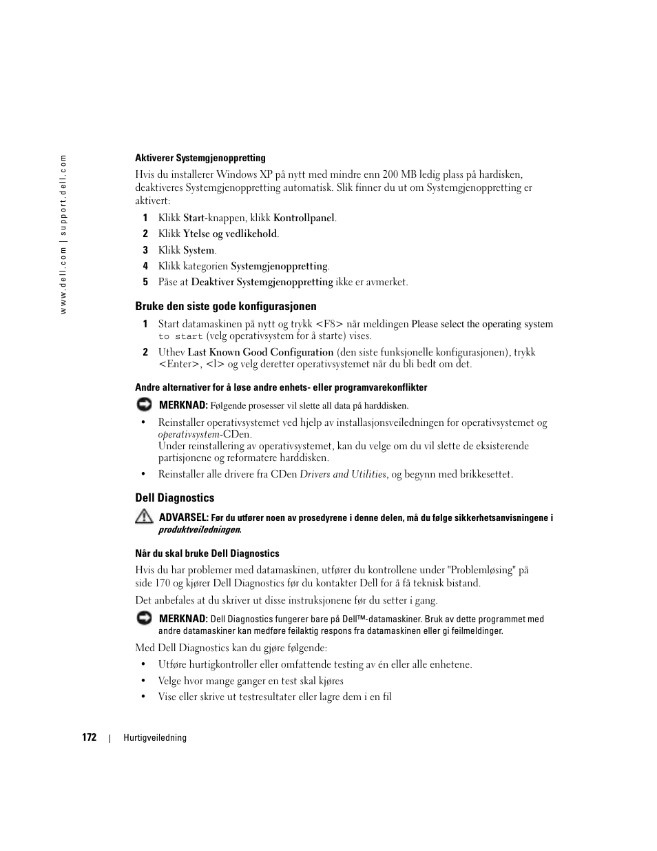 Bruke den siste gode konfigurasjonen, Dell diagnostics | Dell Precision 380 User Manual | Page 172 / 372