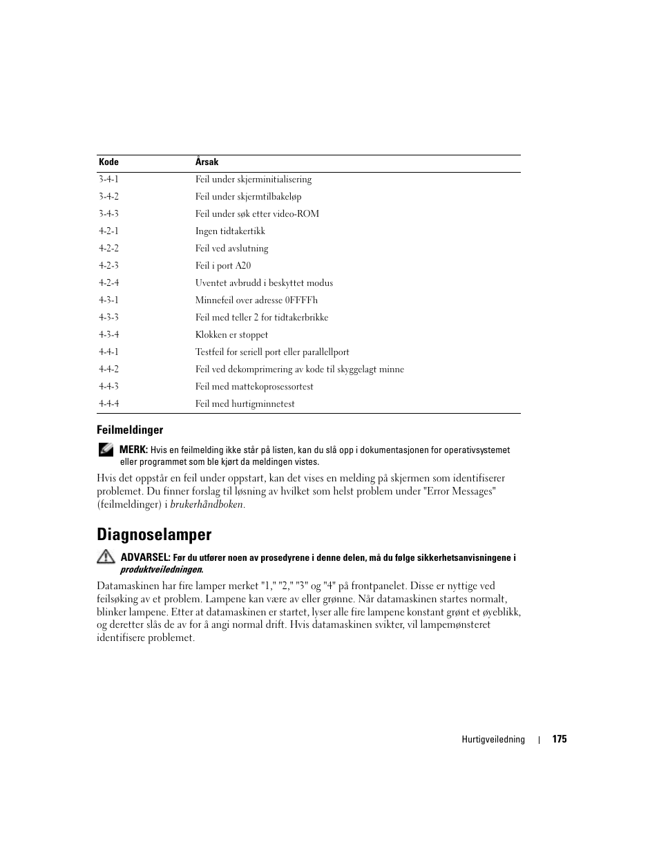 Feilmeldinger, Diagnoselamper | Dell Precision 380 User Manual | Page 175 / 372