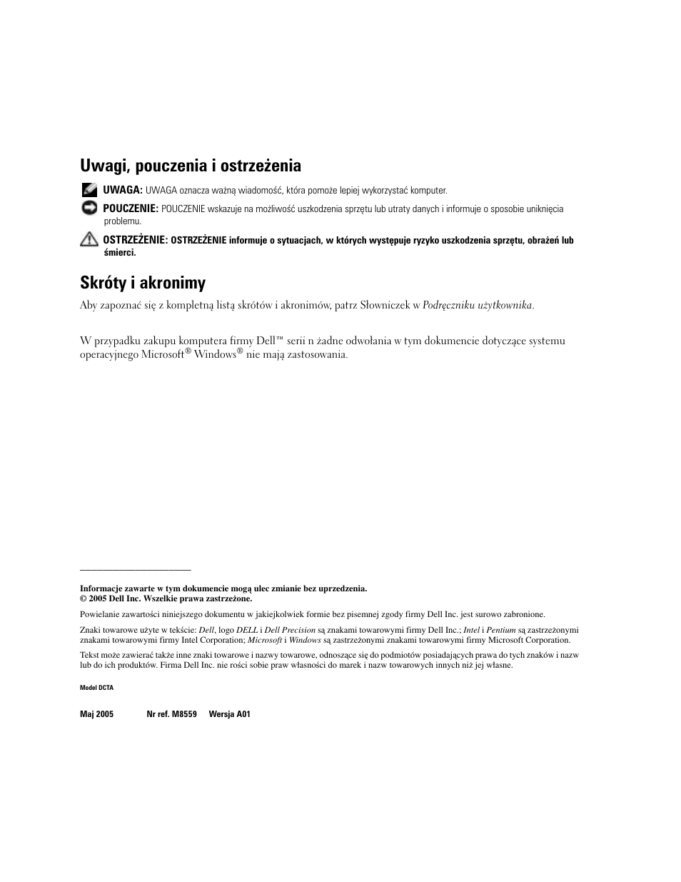 Uwagi, pouczenia i ostrzeżenia, Skróty i akronimy | Dell Precision 380 User Manual | Page 186 / 372