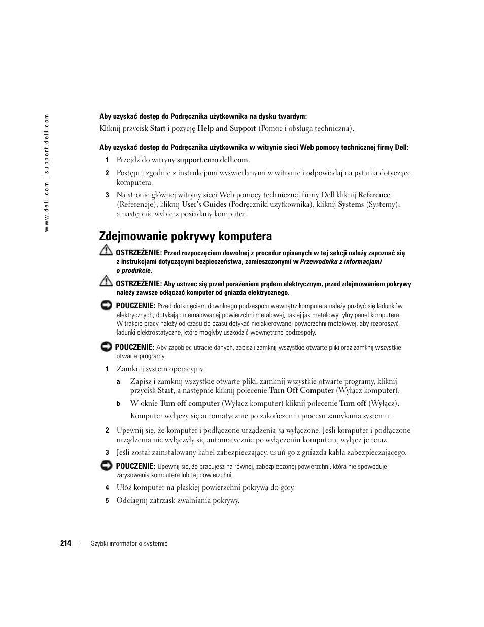 Zdejmowanie pokrywy komputera | Dell Precision 380 User Manual | Page 214 / 372