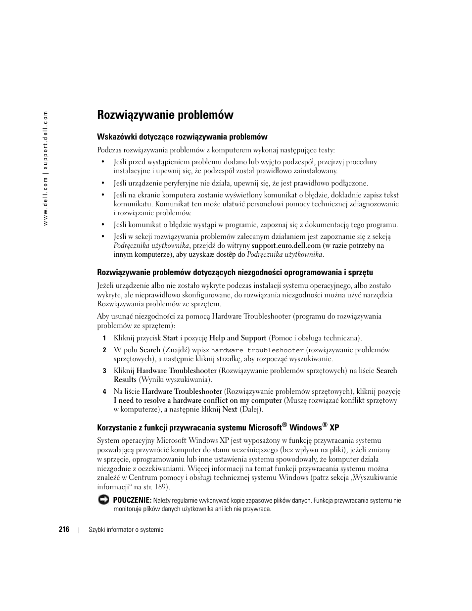 Rozwiązywanie problemów, Wskazówki dotyczące rozwiązywania problemów | Dell Precision 380 User Manual | Page 216 / 372