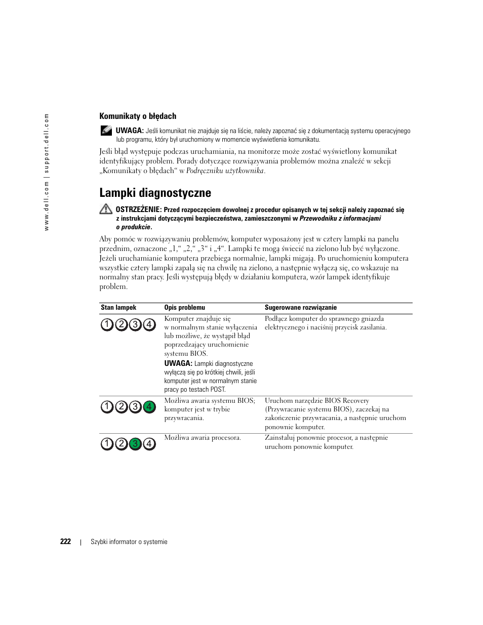 Komunikaty o błędach, Lampki diagnostyczne | Dell Precision 380 User Manual | Page 222 / 372