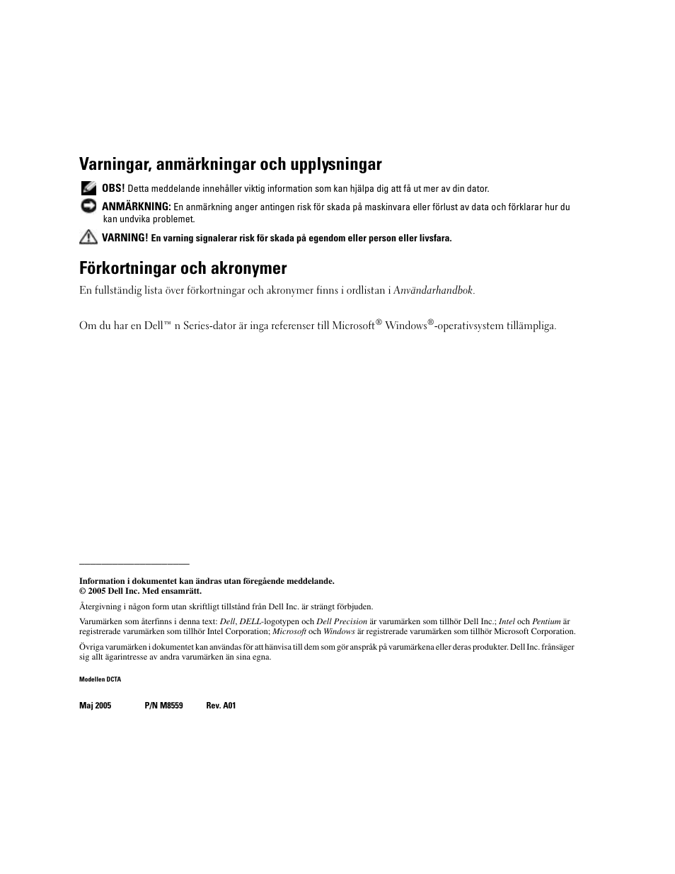 Varningar, anmärkningar och upplysningar, Förkortningar och akronymer | Dell Precision 380 User Manual | Page 282 / 372