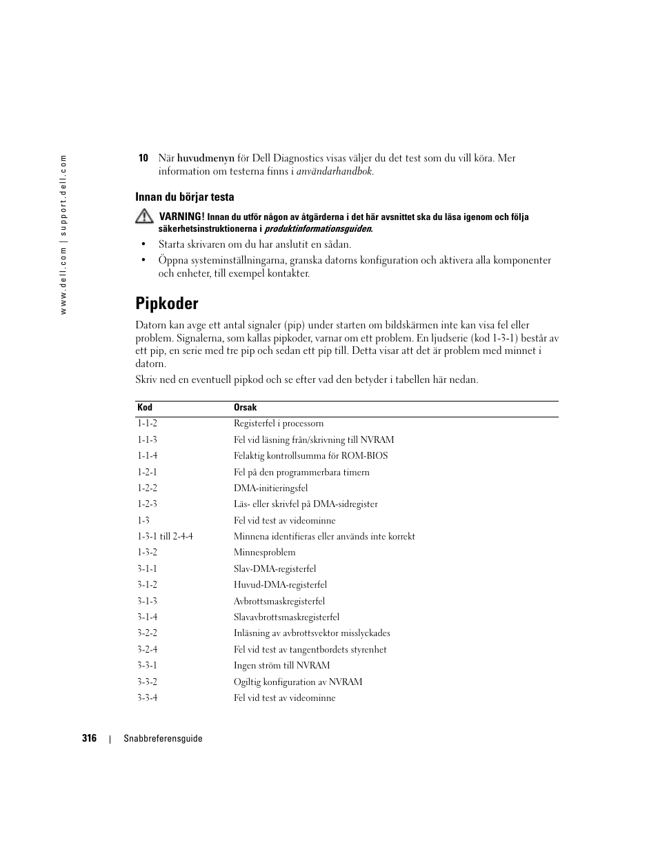 Innan du börjar testa, Pipkoder | Dell Precision 380 User Manual | Page 316 / 372