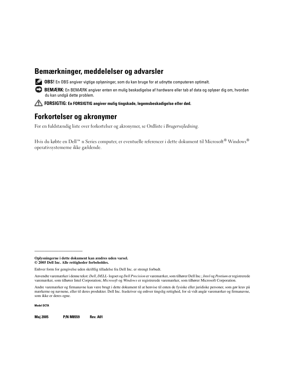 Bemærkninger, meddelelser og advarsler, Forkortelser og akronymer | Dell Precision 380 User Manual | Page 48 / 372