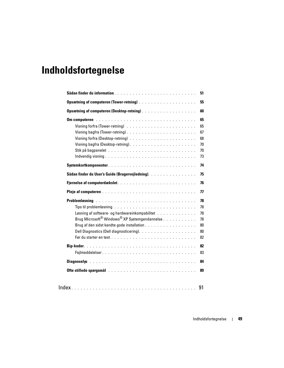 Indholdsfortegnelse, Index | Dell Precision 380 User Manual | Page 49 / 372