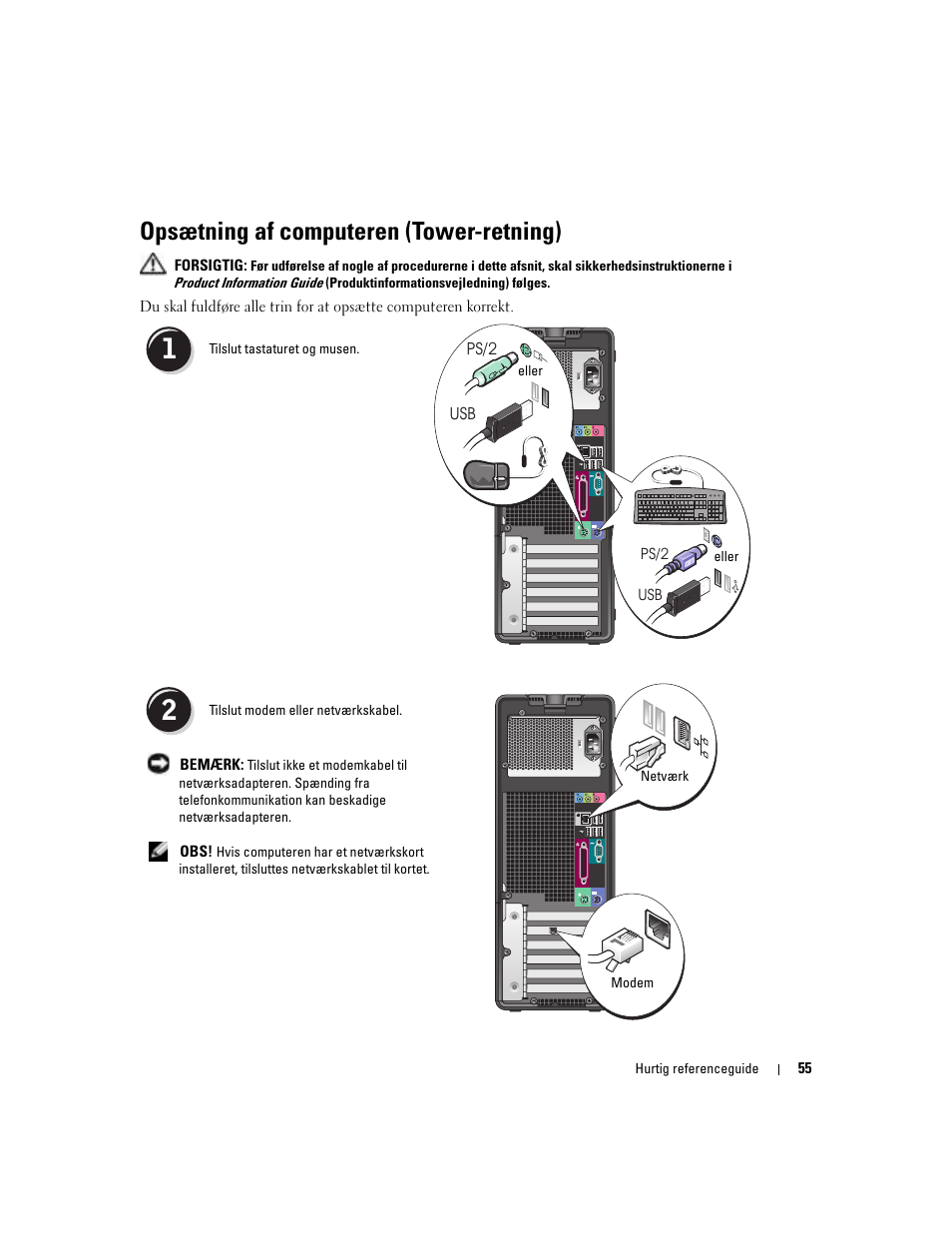 Opsætning af computeren (tower-retning) | Dell Precision 380 User Manual | Page 55 / 372