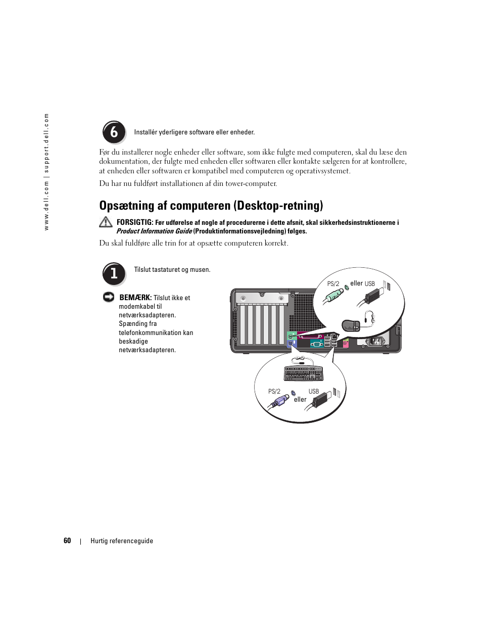 Opsætning af computeren (desktop-retning) | Dell Precision 380 User Manual | Page 60 / 372