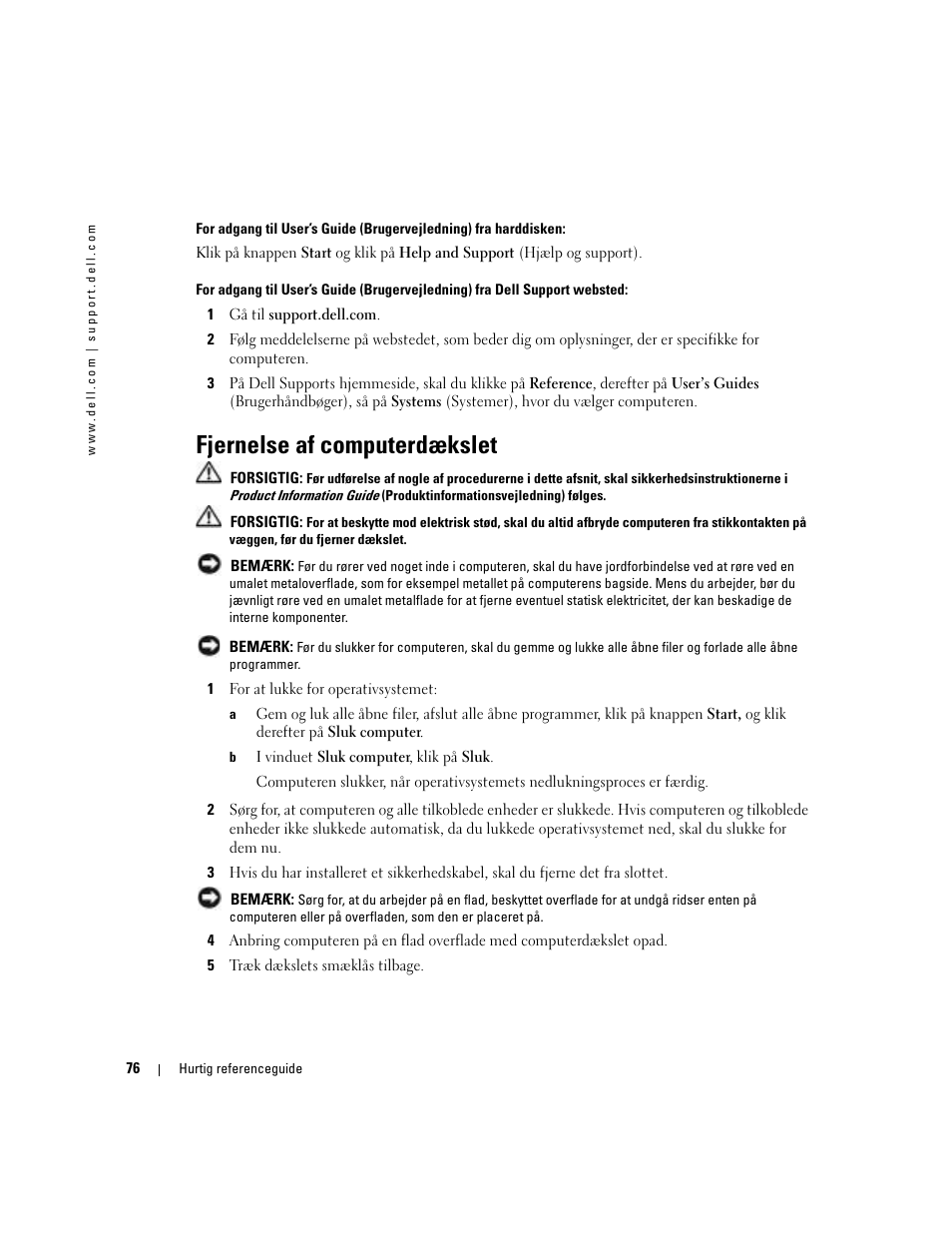 Fjernelse af computerdækslet | Dell Precision 380 User Manual | Page 76 / 372