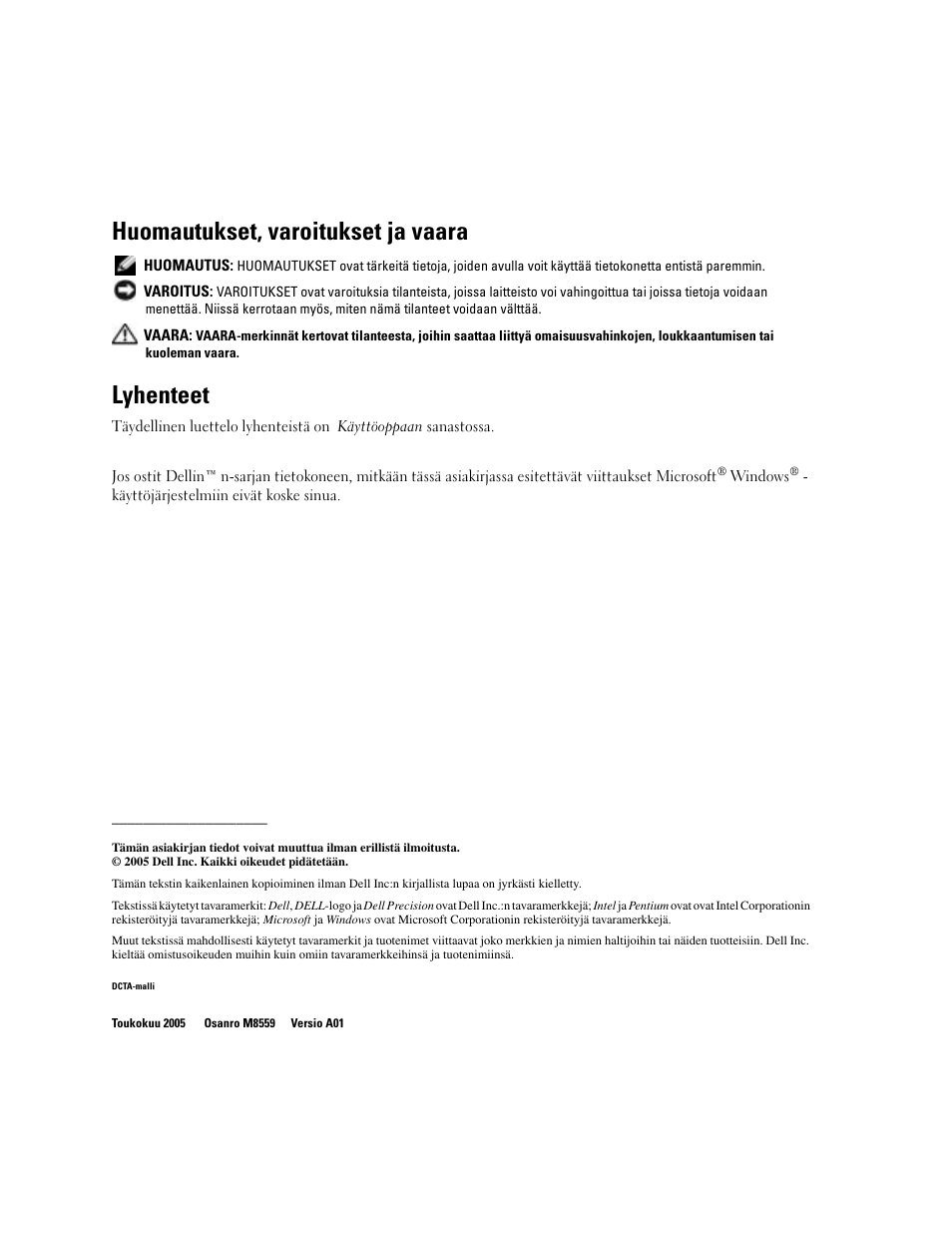 Huomautukset, varoitukset ja vaara, Lyhenteet | Dell Precision 380 User Manual | Page 94 / 372