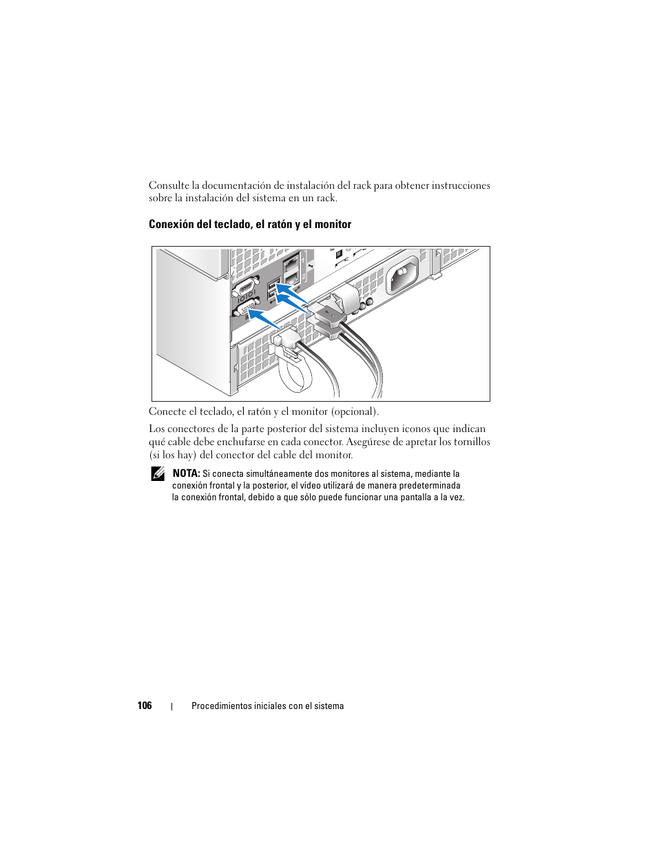 Conexión del teclado, el ratón y el monitor | Dell PowerEdge R905 User Manual | Page 108 / 128