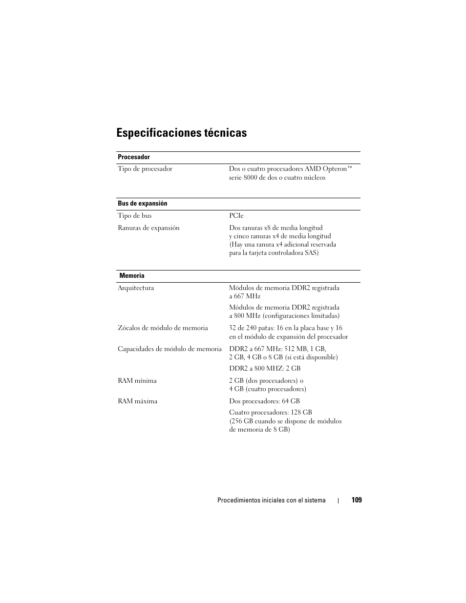 Especificaciones técnicas | Dell PowerEdge R905 User Manual | Page 111 / 128