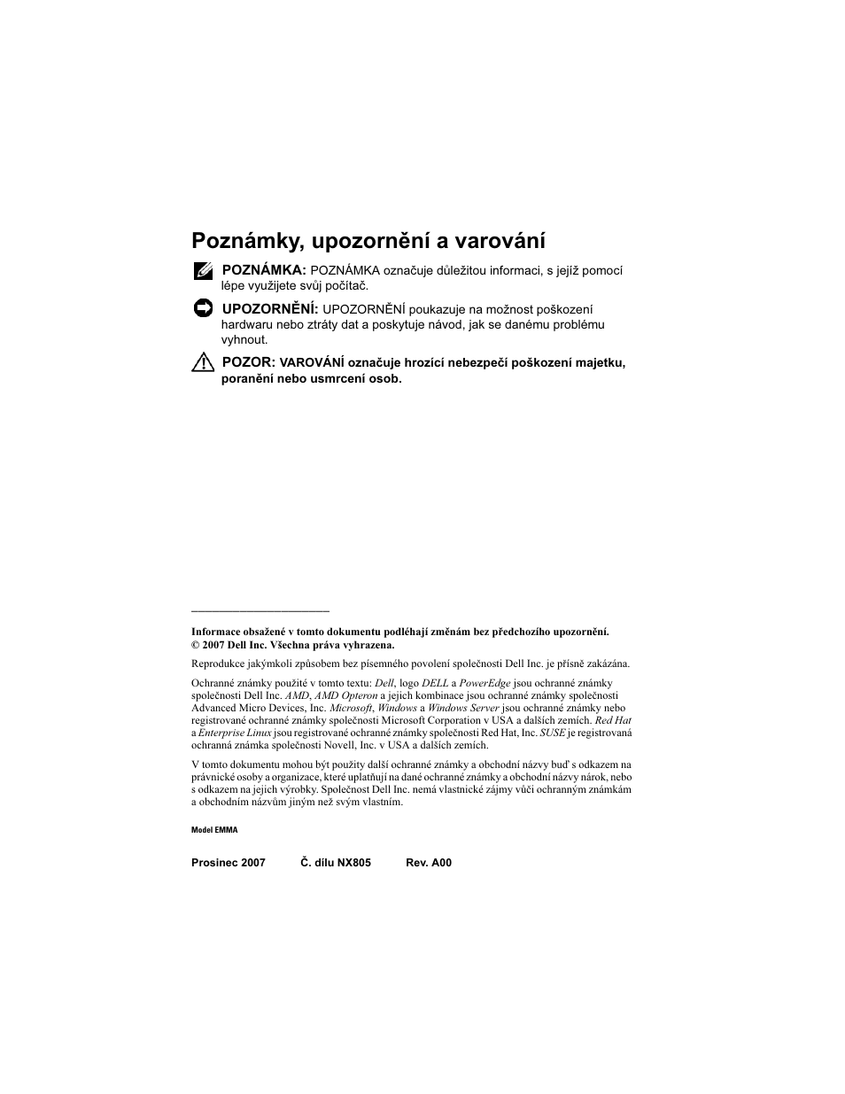 Poznámky, upozornění a varování | Dell PowerEdge R905 User Manual | Page 18 / 128