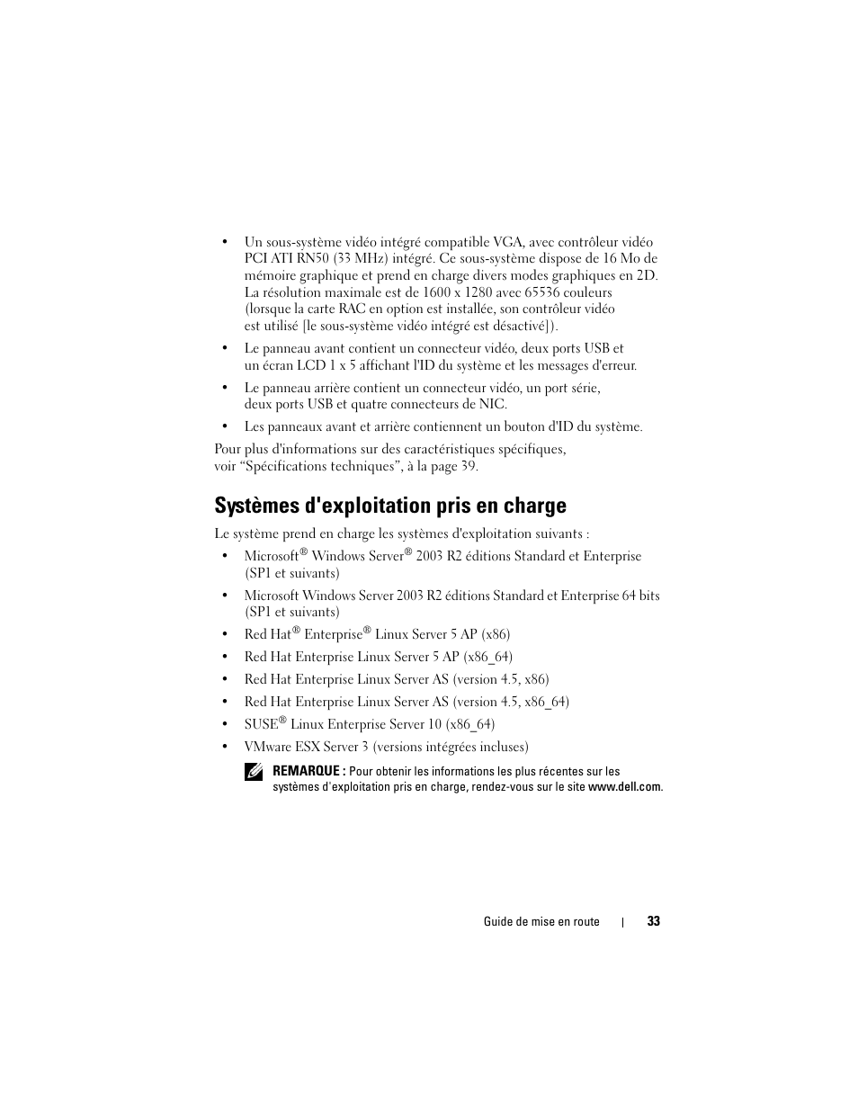 Systèmes d'exploitation pris en charge | Dell PowerEdge R905 User Manual | Page 35 / 128