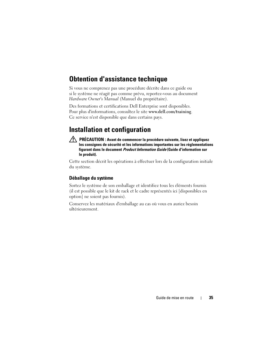 Obtention d'assistance technique, Installation et configuration, Déballage du système | Dell PowerEdge R905 User Manual | Page 37 / 128