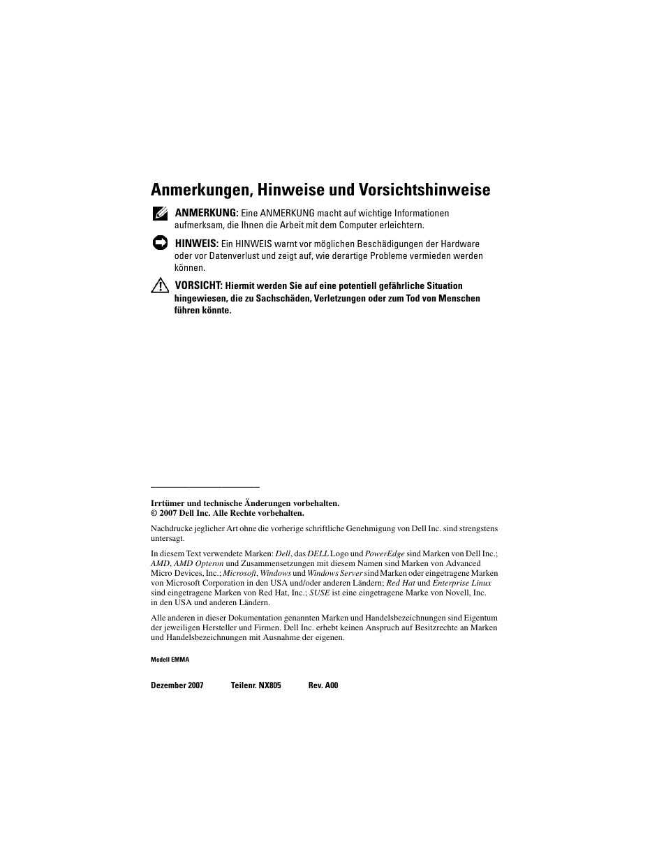 Anmerkungen, hinweise und vorsichtshinweise | Dell PowerEdge R905 User Manual | Page 46 / 128