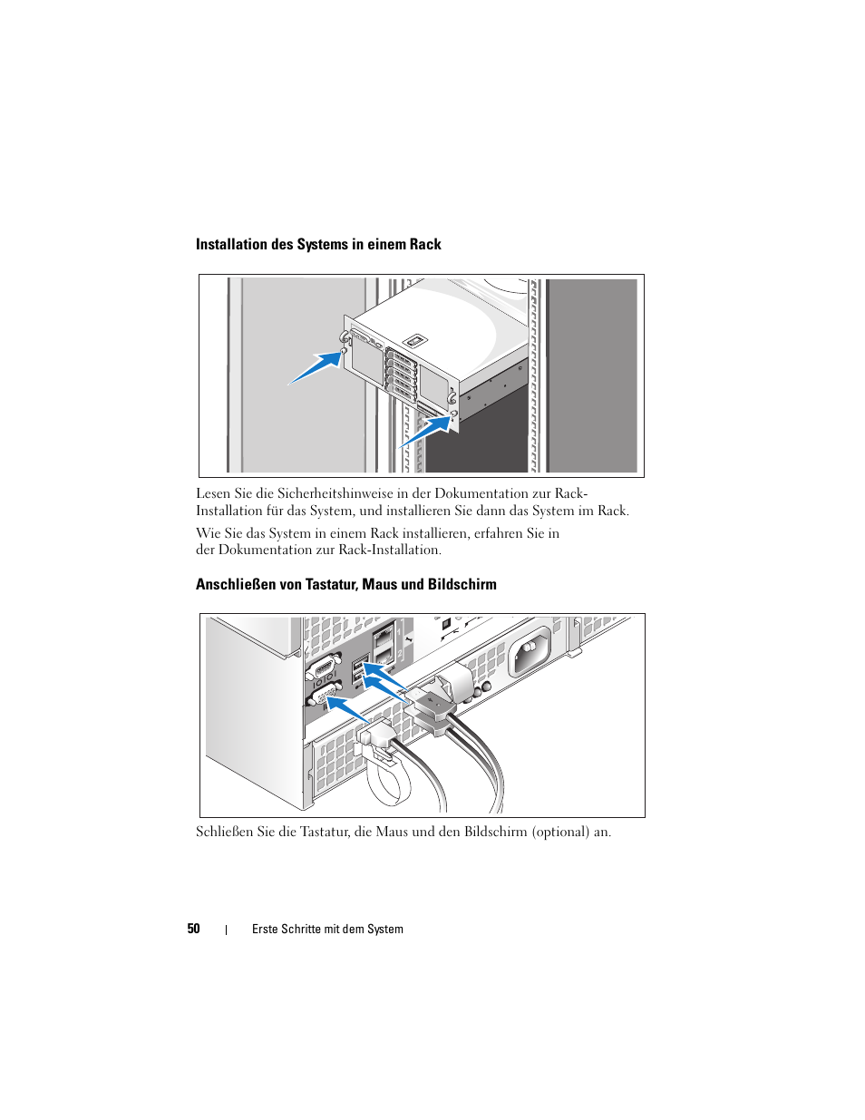 Installation des systems in einem rack, Anschließen von tastatur, maus und bildschirm | Dell PowerEdge R905 User Manual | Page 52 / 128