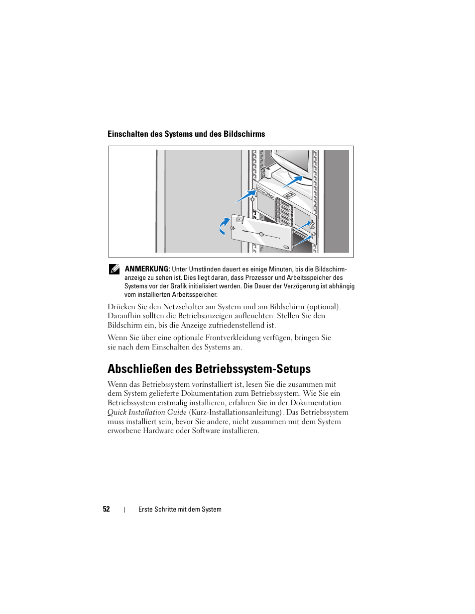 Einschalten des systems und des bildschirms, Abschließen des betriebssystem-setups | Dell PowerEdge R905 User Manual | Page 54 / 128