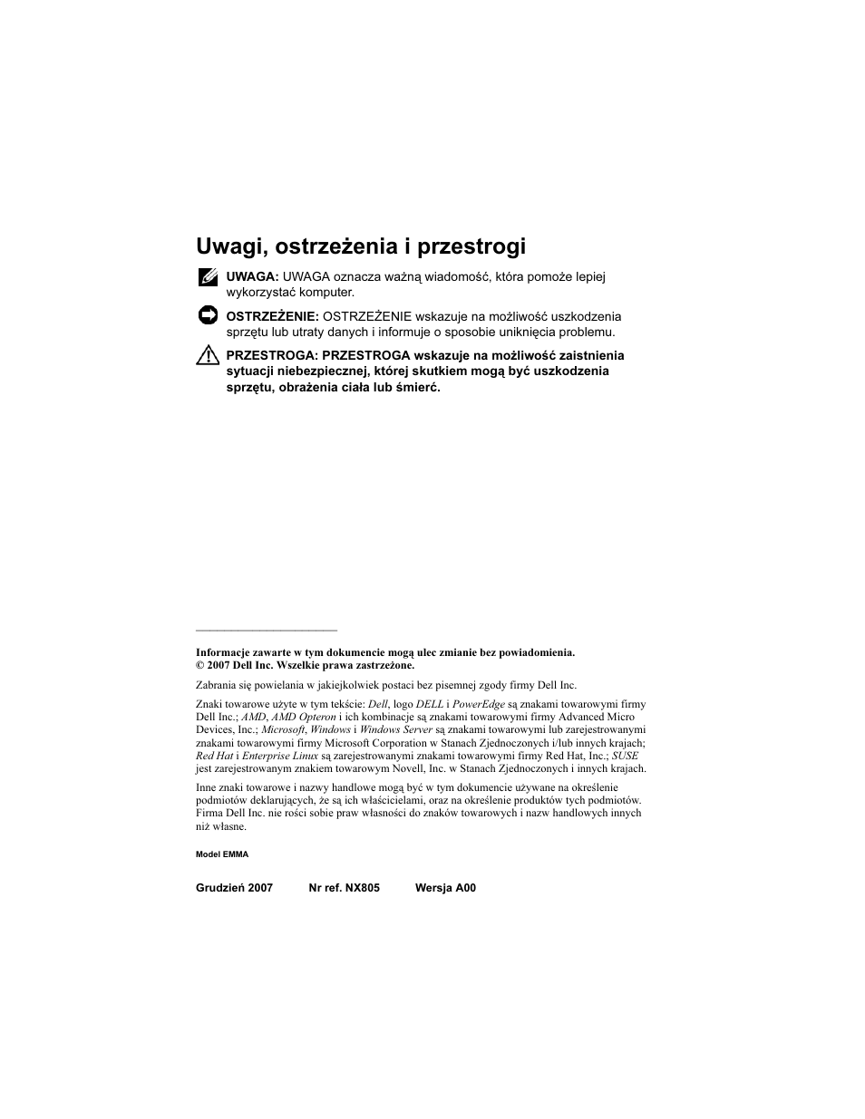 Uwagi, ostrzeżenia i przestrogi | Dell PowerEdge R905 User Manual | Page 74 / 128