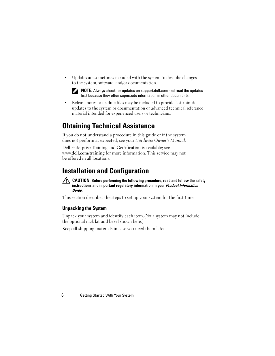 Obtaining technical assistance, Installation and configuration, Unpacking the system | Dell PowerEdge R905 User Manual | Page 8 / 128