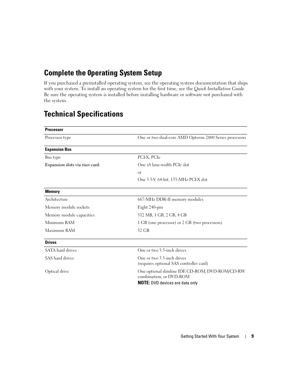 Complete the 0perating system setup, Technical specifications | Dell PowerEdge SC1435 User Manual | Page 11 / 110