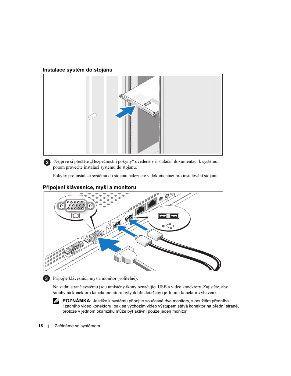 Instalace systém do stojanu, Připojení klávesnice, myši a monitoru | Dell PowerEdge SC1435 User Manual | Page 20 / 110