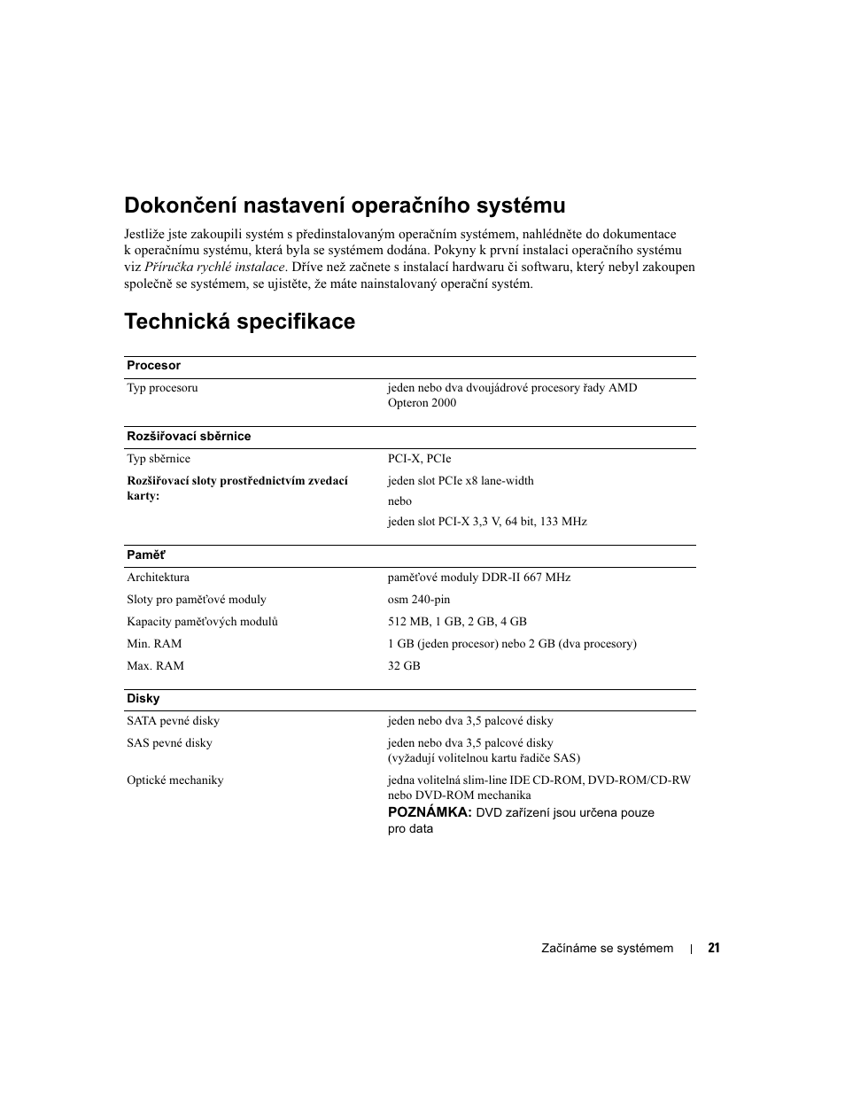 Dokončení nastavení operačního systému, Technická specifikace | Dell PowerEdge SC1435 User Manual | Page 23 / 110