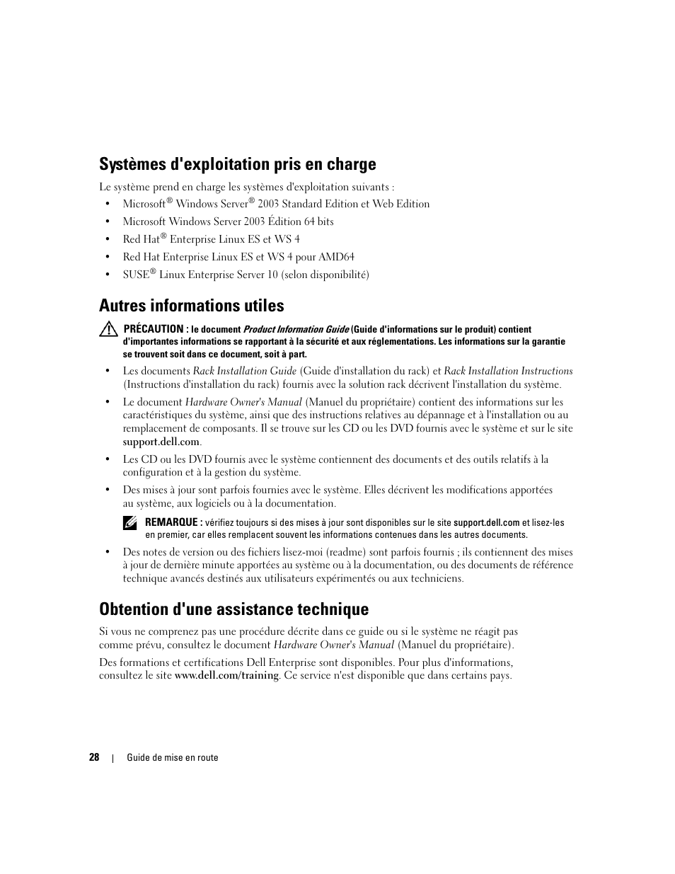 Obtention d'une assistance technique, Systèmes d'exploitation pris en charge, Autres informations utiles | Dell PowerEdge SC1435 User Manual | Page 30 / 110