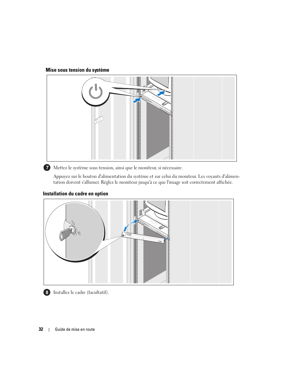 Mise sous tension du système, Installation du cadre en option | Dell PowerEdge SC1435 User Manual | Page 34 / 110