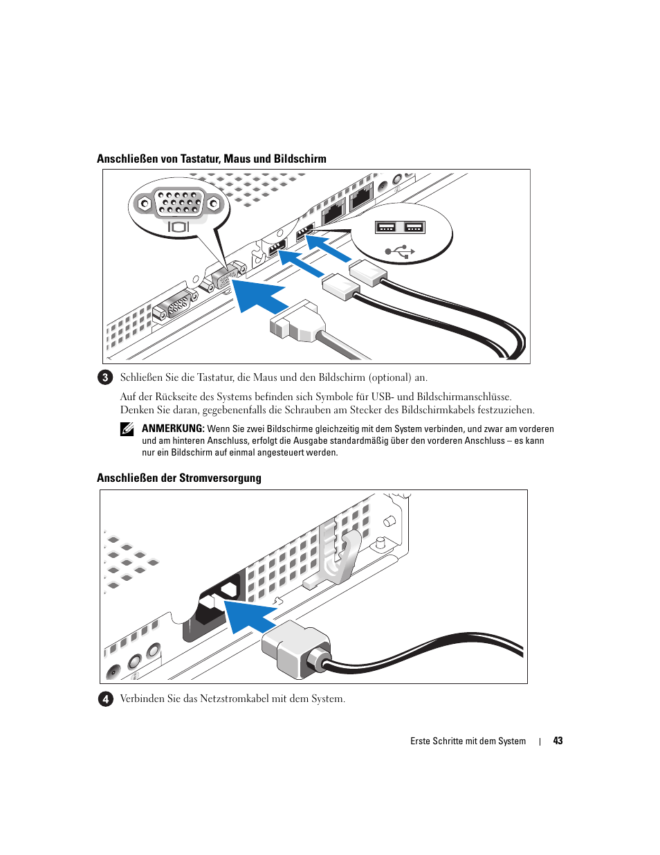 Anschließen von tastatur, maus und bildschirm, Anschließen der stromversorgung | Dell PowerEdge SC1435 User Manual | Page 45 / 110
