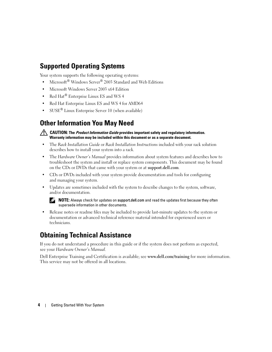 Obtaining technical assistance, Supported operating systems, Other information you may need | Dell PowerEdge SC1435 User Manual | Page 6 / 110